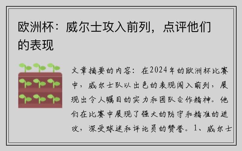 欧洲杯：威尔士攻入前列，点评他们的表现