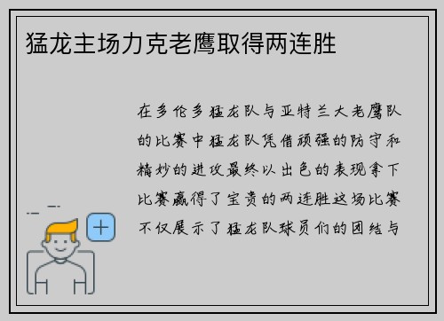 猛龙主场力克老鹰取得两连胜