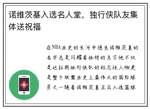 诺维茨基入选名人堂，独行侠队友集体送祝福