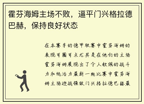 霍芬海姆主场不败，逼平门兴格拉德巴赫，保持良好状态